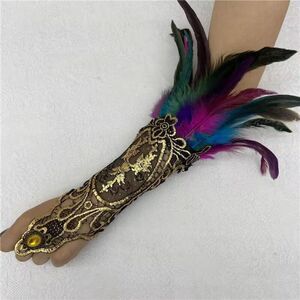 Multicolor Feather Gothic Gold Lace Fingerless Glove Ren Faire Cosplay